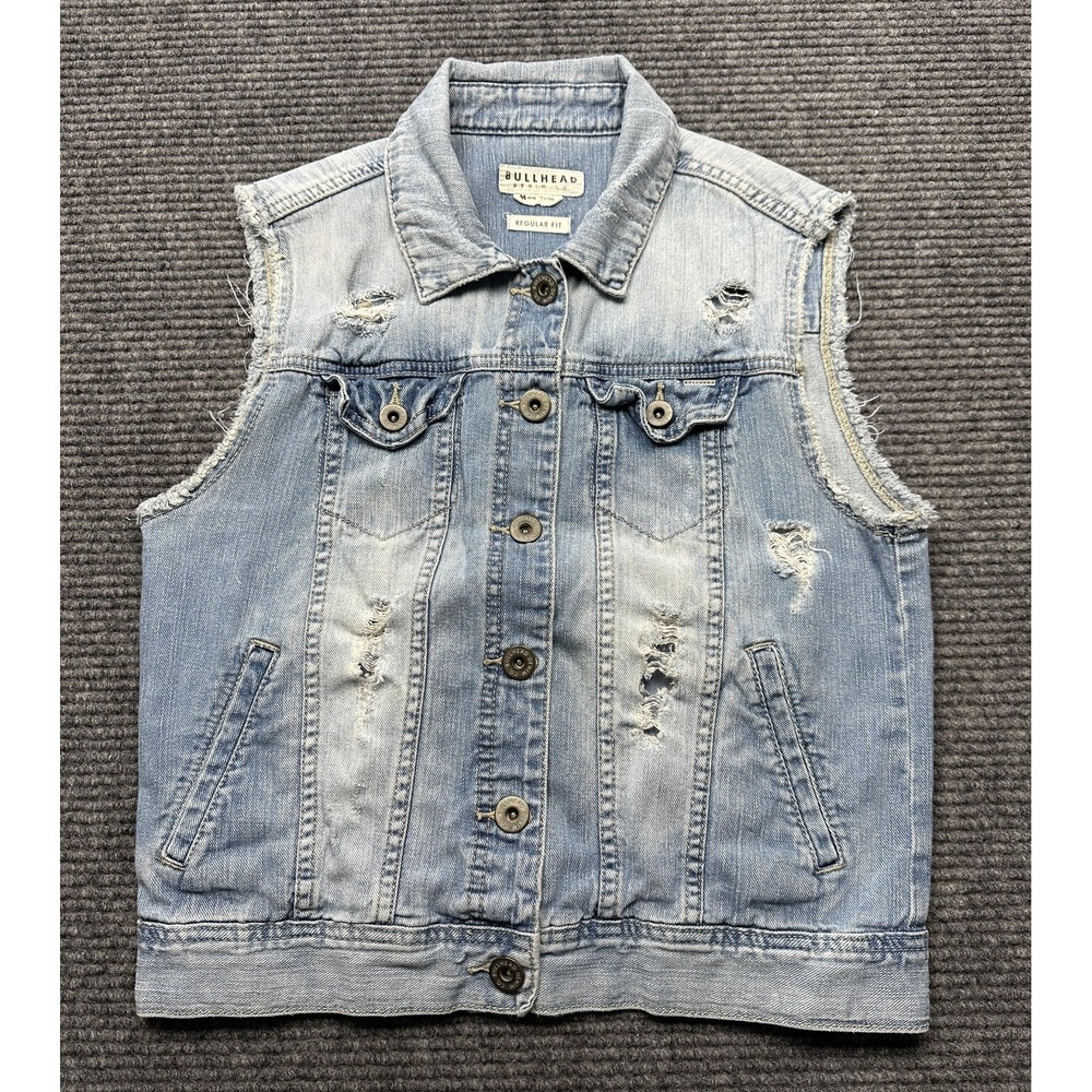 Bullhead Denim Co Vest Womens Medium Blue Denim Distressed‎ Paisley Back Biker